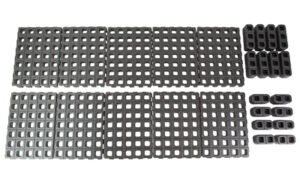 Metal grid plates and rectangular blocks arranged neatly