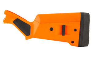 Orange gun stock with black grip and butt pad.