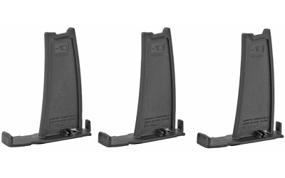 Three black plastic magazine loaders on white background