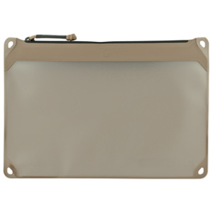 Waterproof beige document pouch with zipper closure.