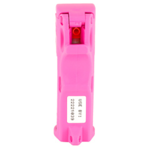 Pink pepper spray canister, expiration date labeled.