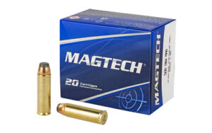Magtech ammunition box with two brass cartridges