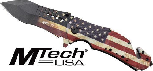 American flag pocket knife with MTech USA branding.