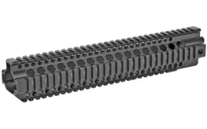 Black quad-rail handguard for tactical rifle