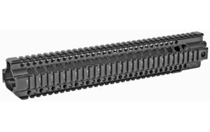 Black quad-rail rifle handguard with Picatinny rails