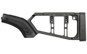 Black adjustable tactical rifle stock, side profile
