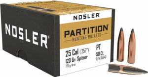 Nosler Partition 25 Cal hunting bullets box