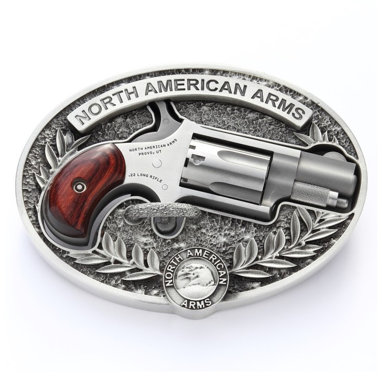 NAA 22LR Mini Revolver .22 LR 5rd Capacity 1.125" Barrel Silver with Wood Grips and Oval Enclosed Belt Buckle