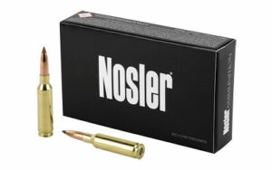 Nosler ammunition box with two rifle cartridges