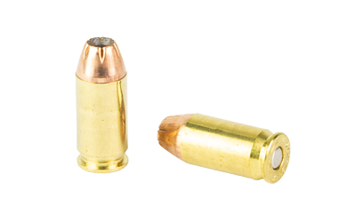 Two brass handgun cartridges on white background