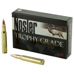 Nosler Trophy Grade ammunition box and cartridges