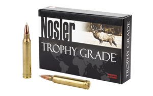 Nosler Trophy Grade ammunition box and rifle cartridges