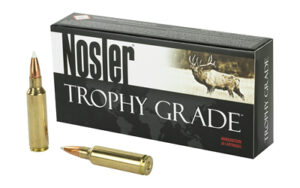 Nosler Trophy Grade ammunition box with rifle cartridges