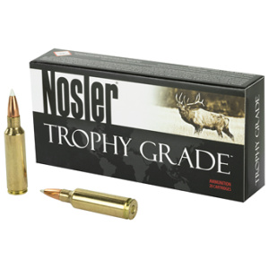 Nosler Trophy Grade ammunition box with rifle cartridges