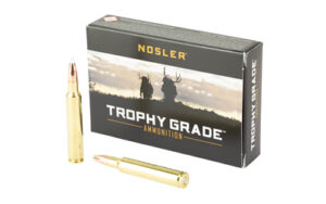 Nosler Trophy Grade ammunition box and rifle cartridges