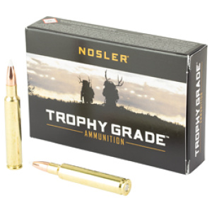 Nosler Trophy Grade ammunition box and rifle cartridges