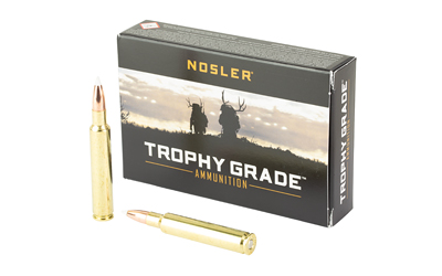 Nosler Trophy Grade ammunition box and rifle cartridges