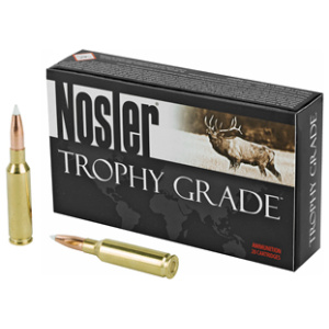 Nosler Trophy Grade rifle ammunition box and cartridges