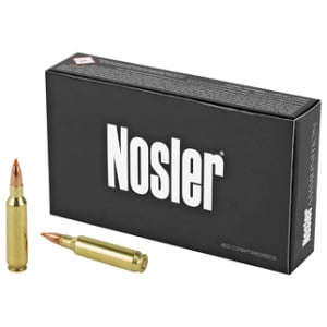 Nosler ammunition box with two rifle cartridges