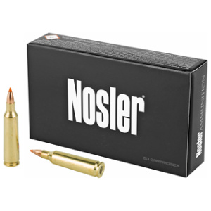 Nosler ammunition box with two rifle cartridges