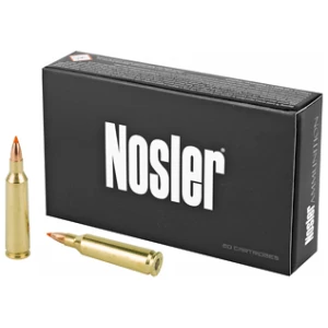 Nosler ammunition box with two rifle cartridges
