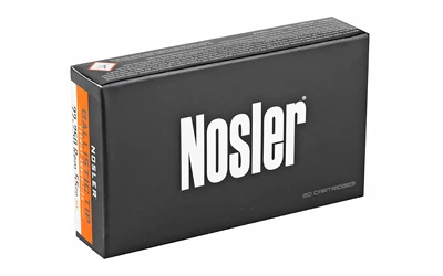 Black Nosler ammunition box with orange label