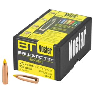 Nosler 270 caliber ballistic tip hunting bullets box.
