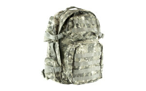 Camouflage tactical backpack on white background