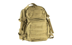 Tan tactical backpack with multiple compartments