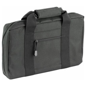 Black laptop bag with zippered pocket and handle.