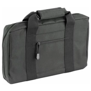 Black laptop bag with zippered pocket and handle.