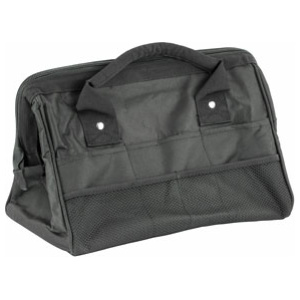 Black tool bag with sturdy handles and pockets.