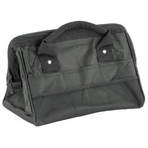 Black tool bag with sturdy handles and pockets.