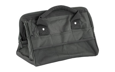 Black tool bag with sturdy handles and pockets.