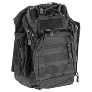 Black tactical backpack with multiple compartments.