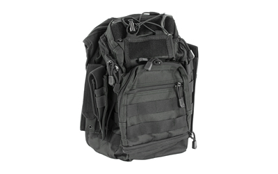 Black tactical backpack with multiple compartments.