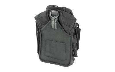 Black tactical backpack with multiple compartments.