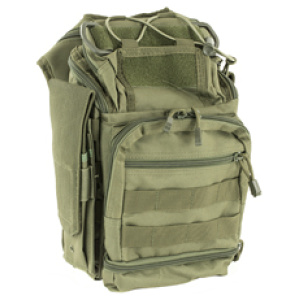 Green tactical backpack with multiple pockets.