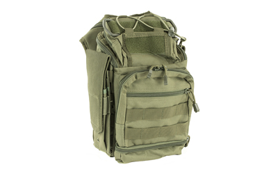 Green tactical backpack with multiple pockets.