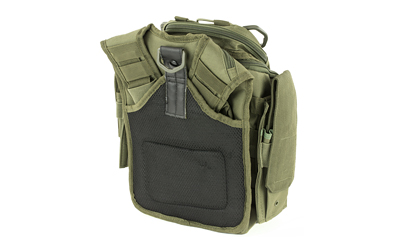 Olive military tactical vest, shoulder straps visible.