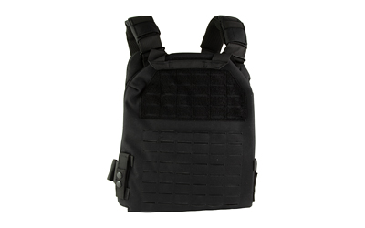 Black tactical plate carrier vest on white background