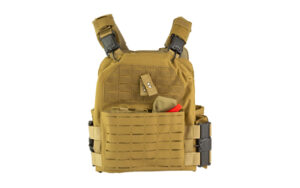 Tan tactical plate carrier vest with MOLLE webbing
