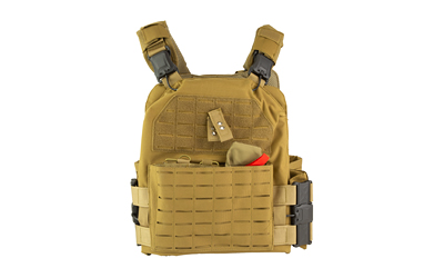 Tan tactical plate carrier vest with MOLLE webbing