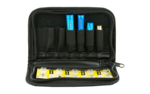Open battery storage case with assorted batteries