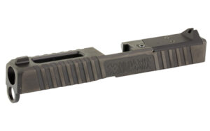 Black semi-automatic pistol slide with front and rear serrations