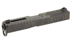 Gray pistol slide with front and rear serrations