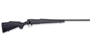 Black bolt-action rifle on white background