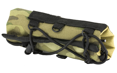 Camouflage tactical pouch with black straps and cords