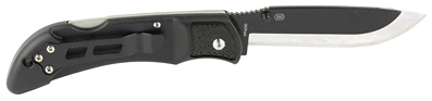 Folding pocket knife with black handle and blade.