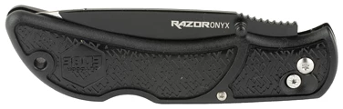 Black folding pocket knife with textured handle.